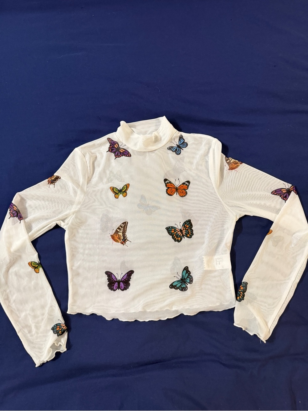 Women’s White Butterfly Print sheer Mesh crop-ish Top - Picture 2 of 4